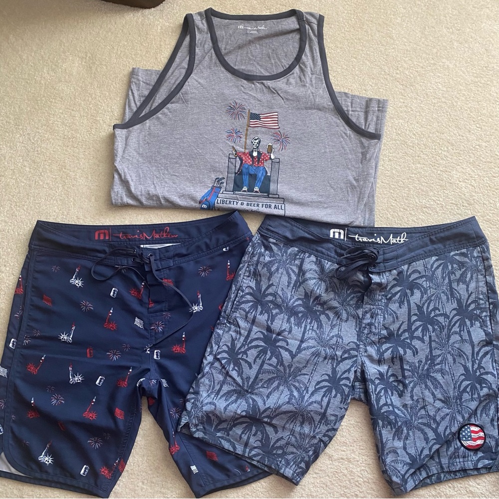 Men’s Travis Mathews Swim Trunks Boardshorts with tank top Bundle Sz Large